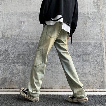 2023 Весна/лето, новые американские ретро коричневые джинсы свободного кроя, мужской прямой стиль, модный бренд, Персонализированное украшение кармана, Pa