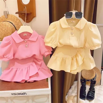 2023 Летние Детские наборы Корейская мода Для девочек Пузырьковая Водолазка с коротким рукавом + Короткая юбка 2 шт. Однотонный Милый и милый костюм