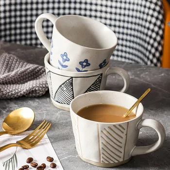 300 мл Креативная керамическая кружка с ручной росписью, Кофейная чашка в стиле ретро, Большая емкость, чашка для чая с молоком, Посуда для напитков, Кружки для завтрака, подарок для пары чашек