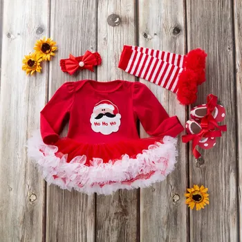 4 шт. Рождественские костюмы для новорожденных, платье-ползунки для маленьких девочек, сетчатый кружевной праздничный наряд с принтом, комплект одежды для малышей