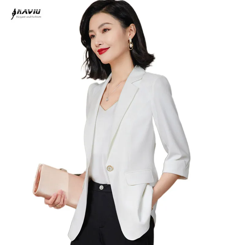 NAVIU Белый Блейзер высокого класса, женская мода, Темперамент, Новый Летний Строгий жакет с коротким рукавом, Офисное женское рабочее пальто, черный