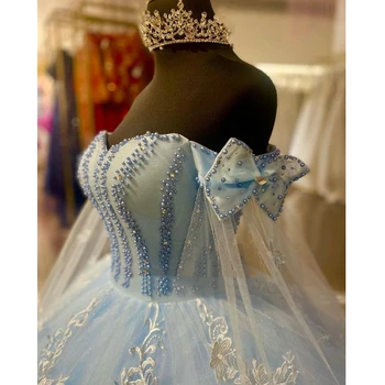 ANGELSBRIDEP Светло-Голубой Жемчуг, Хрустальное Пышное Платье Принцессы С Накидкой, Бальное Платье С Аппликацией Sweet 15 Vestidos De XV Anos