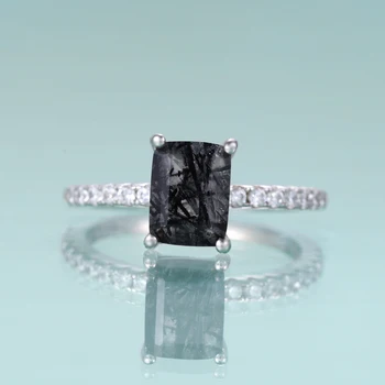 GEM'S BALLET Изумрудная огранка Обручальное кольцо с черным рутиловым кварцем Обручальное кольцо Solitaire Подарок для нее Свадебные кольца в стиле ар-деко