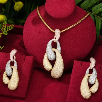 GODKI НОВОЕ модное трехцветное ожерелье из 2шт, серьги, ювелирный набор для женщин, Свадебная вечеринка, полный набор ювелирных украшений для новобрачных в Дубае, подарок