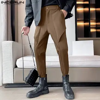 INCERUN мужские повседневные брюки сплошной цвет кнопка бегунов карманами, корейский стиль нерегулярные брюки мужчины 2023 брюки уличная для отдыха 