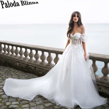 Paloda Современные свадебные платья с открытыми плечами, трапециевидный шлейф, Милая тюлевая аппликация, халат со складками, Прямая доставка