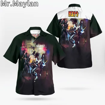 Rock Kiss Band Рубашка С 3D Принтом Гавайская Рубашка Мужская Летняя Рубашка С Коротким рукавом Мужские Рубашки 2023 Оверсайз 5XL рубашка Chemise Homme-388