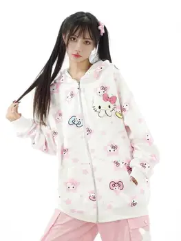 Sanrio Аниме Kawaii Hello Kitty Весна Осень Девушка Студентка Кардиган на молнии с капюшоном Толстовки Пальто Уличная Толстовка Colthes Подарок