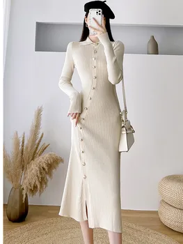 SMTHMA, Однобортное элегантное тонкое трикотажное платье, новое осенне-зимнее темпераментное платье-свитер средней длины, женская одежда