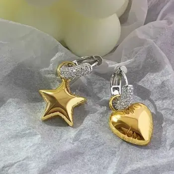 UILZ Модные асимметричные серьги-кольца в форме сердца и звезды для женщин, модные серьги-кольца с цирконом, золотые серьги, Корейский подарок для вечеринки