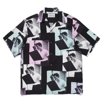 WACKO MARIA Рубашка с фотопечатью в клетку из полиэстера, футболка на тонких пуговицах Для мужчин И женщин, Оверсайз, Лацкан, Дышащий Гавайский Короткий рукав