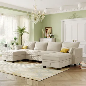 Большой U-образный диван, Современный Модульный Секционный диван, Раскладной диван-кровать с Реверсивным Шезлонгом для Гостиной, Сиденье Для хранения вещей