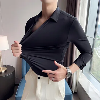 Весенне-осенние мужские рубашки с высокой эластичностью и защитой от морщин, рубашки с длинным рукавом Для мужчин, приталенная деловая блузка, белая рубашка
