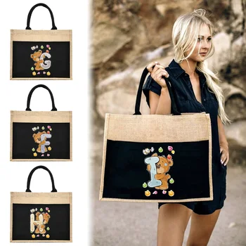 Винтажные женские сумки для покупок с буквами Медведя, Льняные сумки-тоут, Летние пляжные сумки, портативные Эко-сумки с верхней ручкой большой емкости.