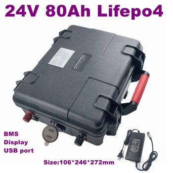 Водонепроницаемый литиевый аккумулятор LiFePO4 емкостью 24 В 80 Ач с дисплеем напряжения для электрической лодки, накопителя энергии, косилки, скутера + зарядное устройство на 10 А