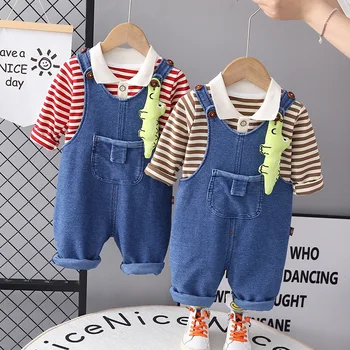 Детский комплект из двух предметов, осень 2023, Новый полосатый топ для мальчиков и брюки на ремешках