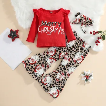 Детский рождественский цветочный набор Для младенцев и новорожденных девочек, топы с длинными рукавами и оборками в рубчик с буквами, Милая одежда с мультяшным принтом, наряды