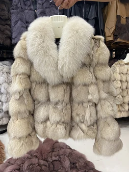 Женская зимняя мода, толстая теплая шуба из натурального лисьего меха, классические женские пальто с воротником из натурального лисьего меха, женская верхняя одежда