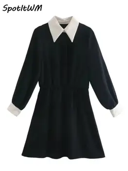 Женская Черная плиссированная рубашка с талией, мини-платья, платье контрастных цветов с длинным рукавом, осенние однобортные офисные уличные халаты