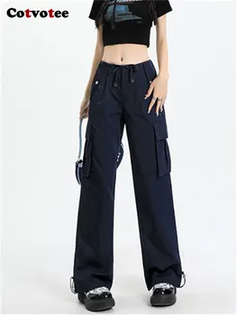 Женские брюки-карго Cotvotee с высокой талией 2023, новые модные винтажные прямые однотонные брюки, шикарные повседневные брюки Y2k с карманами во всю длину