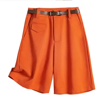Женские летние шорты, повседневные короткие брюки с высокой талией, женские однотонные оранжевые шорты-бермуды на пуговицах, свободные шорты-бермуды для женщин