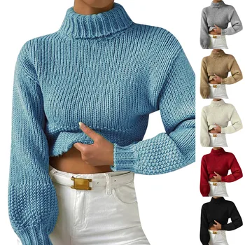 Женский модный свитер с высоким воротом, вязаный повседневный свитер с длинным рукавом, пуловер, свитер