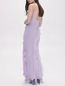 Женское макси-платье на бретельках, без рукавов, с оборками, однотонное длинное платье на бретельках с разрезом сбоку, летнее вечернее платье Y2K