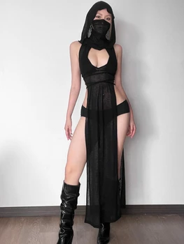 Женское облегающее платье с капюшоном, открытые Сексуальные клубные наряды, Вязаное женское платье без рукавов, черные цельнокроеные вещи Y2k