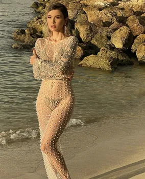 Женское Сексуальное сетчатое прозрачное платье Макси с жемчугом и стразами, сексуальный прозрачный пляжный купальник-бикини