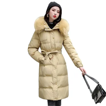 Зимнее женское длинное пальто в корейском стиле с капюшоном и меховым воротником, Теплый тонкий пояс, однотонная женская пуховая хлопчатобумажная куртка