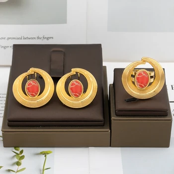 Итальянские модные этнические серьги с кисточками и кольцо для женщин, Дубай, Африканский золотой комплект ювелирных изделий, Красные очаровательные серьги, свадьба