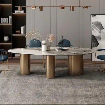 Итальянский Яркий овальный сланец, Сочетание большого обеденного стола и стула, семейный Современный минималистичный кухонный стол для легкой роскошной виллы