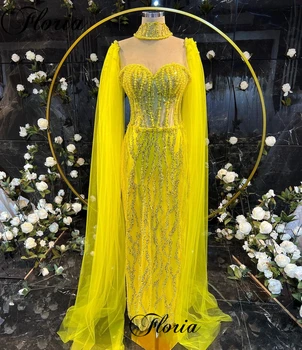 Коктейльные платья арабского желтого цвета для женщин 2023, платья для дня рождения с высоким воротом и жемчугом, платья для выпускного вечера Vestidos De Cóctel