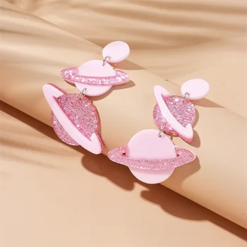 Корейская версия модного нишевого мультяшного Милого сердечка для девочек Розовые фантазийные Блестящие Акриловые круглые серьги Pink Planet