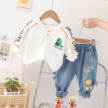 Корейская детская одежда, весна-осень, толстовка с динозавром из мультфильма, выстиранные джинсовые брюки, костюм-двойка, одежда для детей, мальчиков от 1 до 5 лет