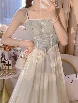 Летнее женское платье на подтяжках 2023 Романтического темперамента В длинной юбке трапециевидной формы с разрезом Fairy