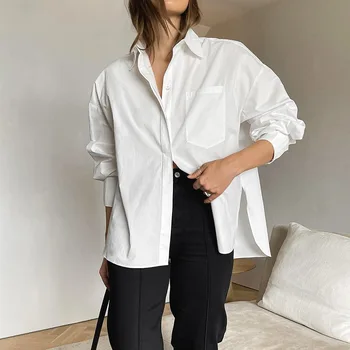 Летние новые Свободные рубашки для женщин с лацканами, длинным рукавом, однобортными карманами в стиле пэчворк, нерегулярным подолом, Корейская блузка для женщин