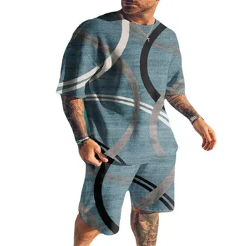Летний комплект мужских повседневных пляжных брюк с геометрической цифровой печатью 3D 2023, футболка, Шорты, Комплект