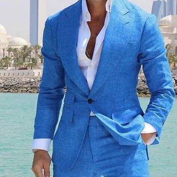 Летний льняной мужской блейзер, синие пляжные свадебные смокинги С отворотом на одной пуговице, лучшая официальная одежда жениха (куртка + брюки)