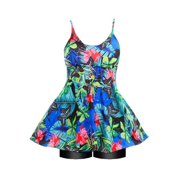 Летний Новый женский комплект купальников, короткое платье-слинг с цветочным принтом, купальник + черные плавки-боксеры