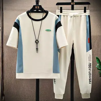 Летний спортивный костюм для фитнеса, Модные мужские повседневные футболки с короткими рукавами, Длинные брюки, Комплект из двух предметов, мужская спортивная одежда