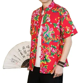 Летняя новая мужская рубашка с коротким рукавом в цветочек черный / красный / синий Мужской повседневный топ со стоячим воротником большого размера 5XL