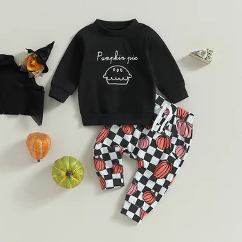 мама и малыш 0-24 м, Комплекты одежды для маленьких мальчиков на Хэллоуин, топы с длинными рукавами и буквенным принтом, штаны с принтом тыквы, наряды D06