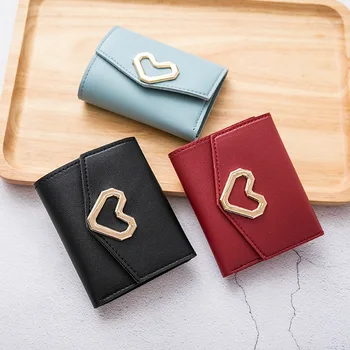 Модный короткий кошелек, женская корейская версия, маленький зажим для денег в форме сердца, простой квадратный трехстворчатый зажим для денег, женский кошелек для монет