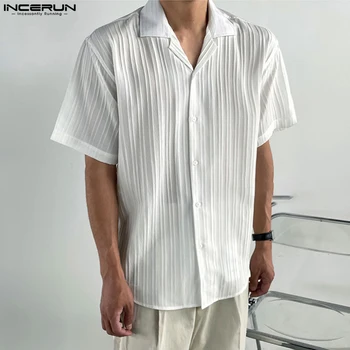 Мужская рубашка INCERUN, однотонный плиссированный лацкан, уличная одежда с коротким рукавом, повседневная мужская одежда, Лето 2023, Рубашки в корейском стиле S-5XL