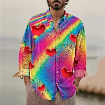 Мужская рубашка с цветочным рисунком в виде радужного сердца, отложным воротником, желтая, красная, синяя, Фиолетовая, зеленая уличная одежда с длинным рукавом и принтом