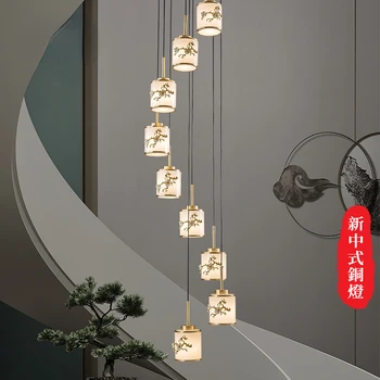 Новая лестница в китайском стиле, Длинная люстра, Медная вилла в китайском стиле, Двухуровневая Строительная лампа, Гостиничная инженерия, Креативный поворот