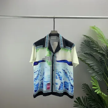 Новый летний костюм, футболка с цифровым 3D принтом, рубашка с отворотом, открытая подкладка
