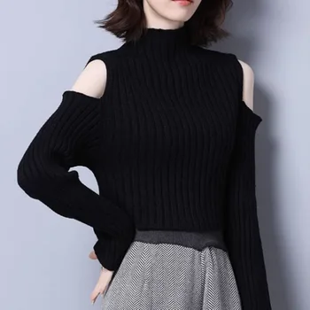 Новый свитер с полувысоким вырезом, женский свободный свитер с открытыми плечами, короткая блузка в западном стиле с высокой талией