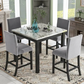 Обеденный стол высотой со столешницу из 5 предметов с одним обеденным столом из искусственного мрамора и четырьмя стульями с мягкими сиденьями